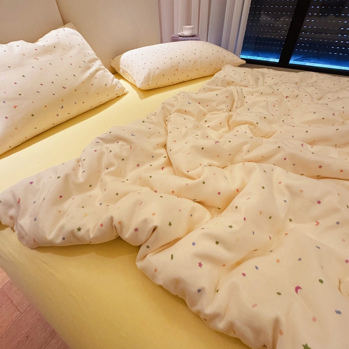 91家纺网 家纺一手货源 找家纺 8+8 2025新款全棉A类母婴级抗菌有氧全棉双层纱亲肤全棉小清新印花三件套四件套 简约款-蜡笔画