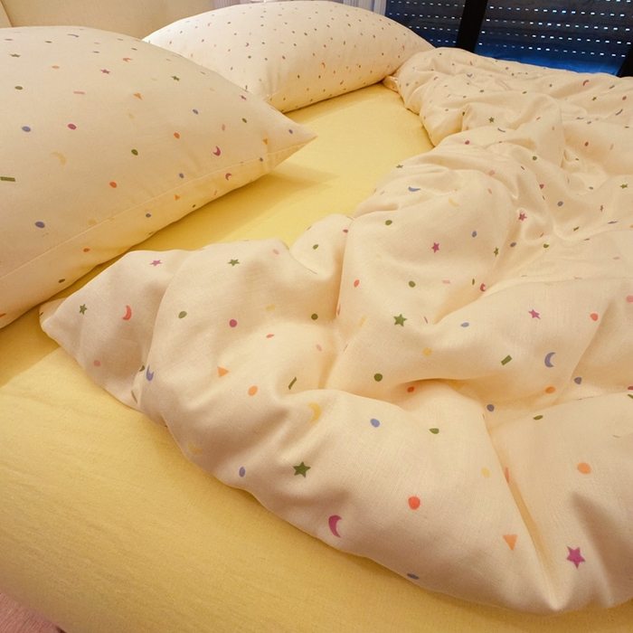 91家纺网 家纺一手货源 找家纺 8+8 2025新款全棉A类母婴级抗菌有氧全棉双层纱亲肤全棉小清新印花三件套四件套 简约款-蜡笔画