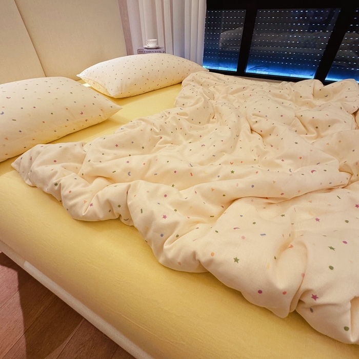 91家纺网 家纺一手货源 找家纺 8+8 2025新款全棉A类母婴级抗菌有氧全棉双层纱亲肤全棉小清新印花三件套四件套 简约款-蜡笔画