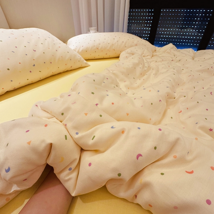 91家纺网 家纺一手货源 找家纺 8+8 2025新款全棉A类母婴级抗菌有氧全棉双层纱亲肤全棉小清新印花三件套四件套 简约款-蜡笔画