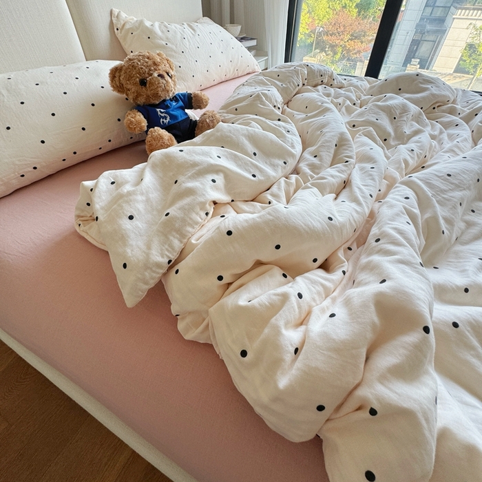 91家纺网 家纺一手货源 找家纺 8+8 2025新款全棉A类母婴级抗菌有氧全棉双层纱亲肤全棉小清新印花三件套四件套 简约款-粉波波