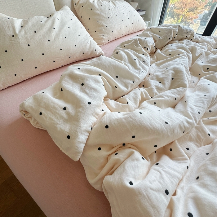 91家纺网 家纺一手货源 找家纺 8+8 2025新款全棉A类母婴级抗菌有氧全棉双层纱亲肤全棉小清新印花三件套四件套 简约款-粉波波