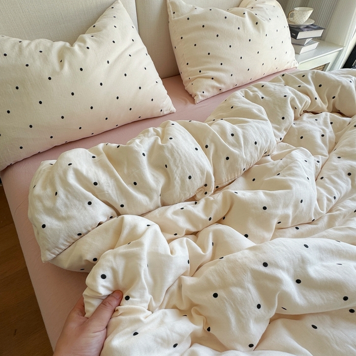 91家纺网 家纺一手货源 找家纺 8+8 2025新款全棉A类母婴级抗菌有氧全棉双层纱亲肤全棉小清新印花三件套四件套 简约款-粉波波