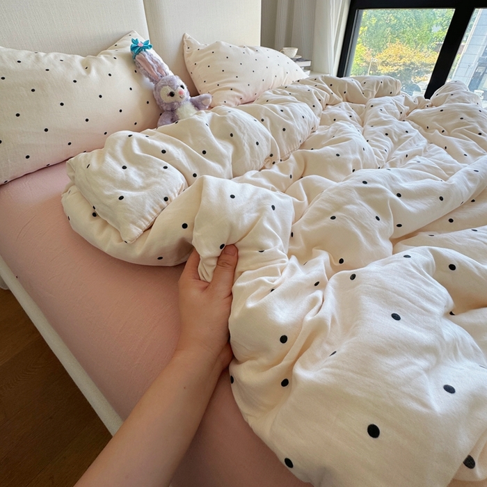 91家纺网 家纺一手货源 找家纺 8+8 2025新款全棉A类母婴级抗菌有氧全棉双层纱亲肤全棉小清新印花三件套四件套 简约款-粉波波