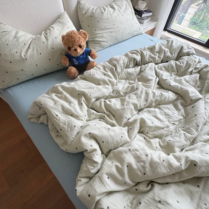 91家纺网 家纺一手货源 找家纺 8+8 2025新款全棉A类母婴级抗菌有氧全棉双层纱亲肤全棉小清新印花三件套四件套 简约款-海盐拿铁