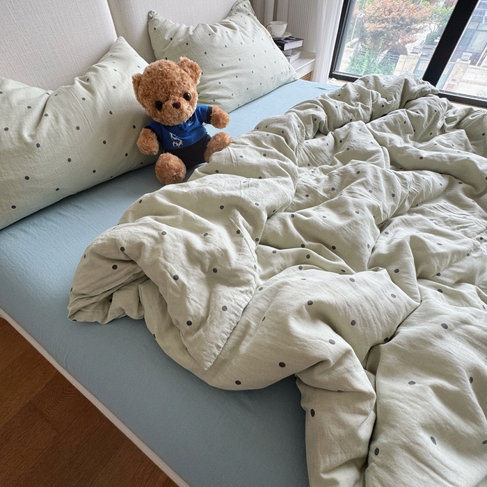 91家纺网 家纺一手货源 找家纺 8+8 2025新款全棉A类母婴级抗菌有氧全棉双层纱亲肤全棉小清新印花三件套四件套 简约款-海盐拿铁