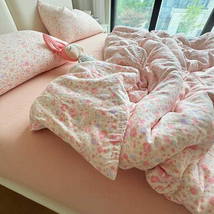 91家纺网 家纺一手货源 找家纺 8+8 2025新款全棉A类母婴级抗菌有氧全棉双层纱亲肤全棉小清新印花三件套四件套 简约款-花镜