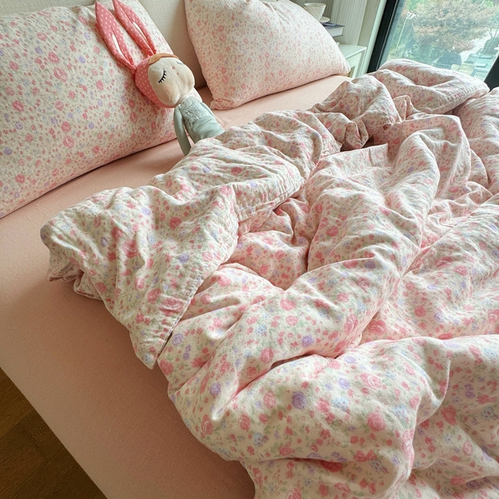 91家纺网 家纺一手货源 找家纺 8+8 2025新款全棉A类母婴级抗菌有氧全棉双层纱亲肤全棉小清新印花三件套四件套 简约款-花镜