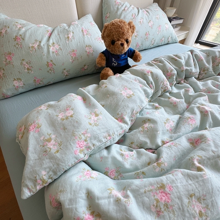 91家纺网 家纺一手货源 找家纺 8+8 2025新款全棉A类母婴级抗菌有氧全棉双层纱亲肤全棉小清新印花三件套四件套 简约款-兰溪