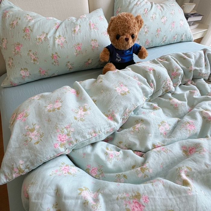 91家纺网 家纺一手货源 找家纺 8+8 2025新款全棉A类母婴级抗菌有氧全棉双层纱亲肤全棉小清新印花三件套四件套 简约款-兰溪