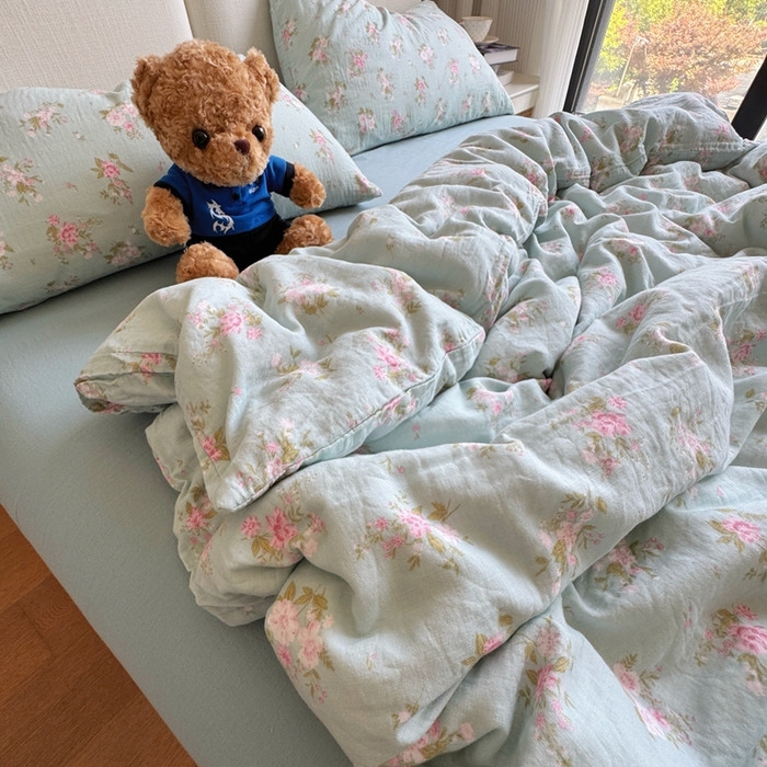 8+8 2025新款全棉A类母婴级抗菌有氧全棉双层纱亲肤全棉小清新印花三件套四件套 简约款-兰溪