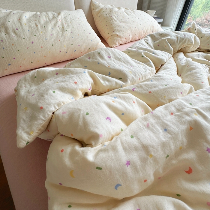 91家纺网 家纺一手货源 找家纺 8+8 2025新款全棉A类母婴级抗菌有氧全棉双层纱亲肤全棉小清新印花三件套四件套 简约款-浅熙