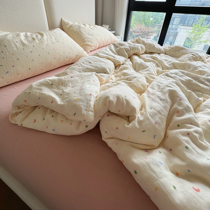 91家纺网 家纺一手货源 找家纺 8+8 2025新款全棉A类母婴级抗菌有氧全棉双层纱亲肤全棉小清新印花三件套四件套 简约款-浅熙