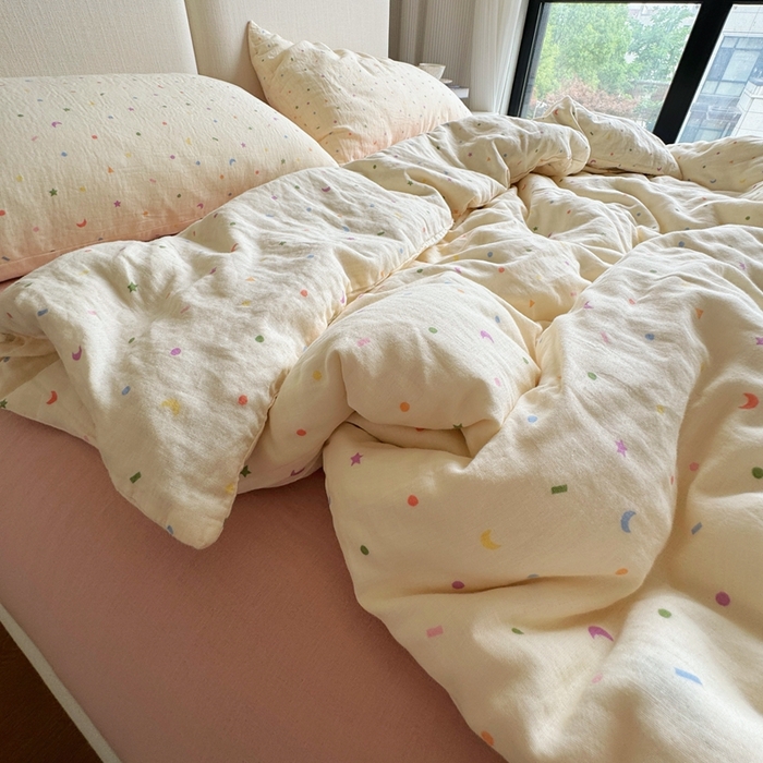 91家纺网 家纺一手货源 找家纺 8+8 2025新款全棉A类母婴级抗菌有氧全棉双层纱亲肤全棉小清新印花三件套四件套 简约款-浅熙