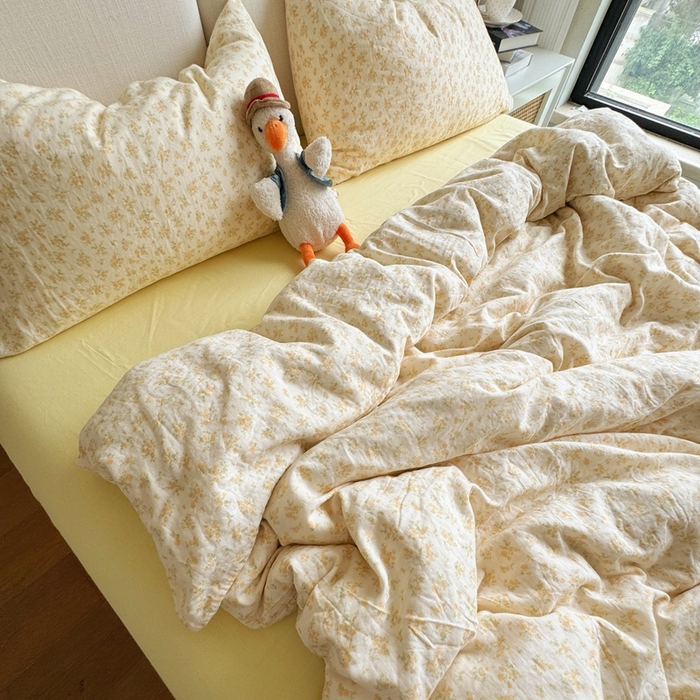 91家纺网 家纺一手货源 找家纺 8+8 2025新款全棉A类母婴级抗菌有氧全棉双层纱亲肤全棉小清新印花三件套四件套 简约款-晴天