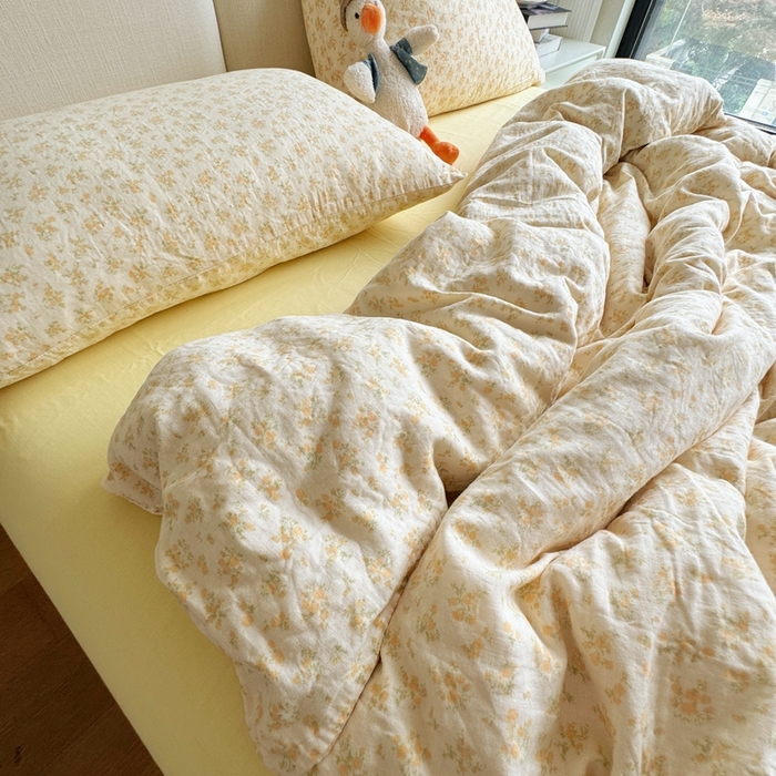 91家纺网 家纺一手货源 找家纺 8+8 2025新款全棉A类母婴级抗菌有氧全棉双层纱亲肤全棉小清新印花三件套四件套 简约款-晴天