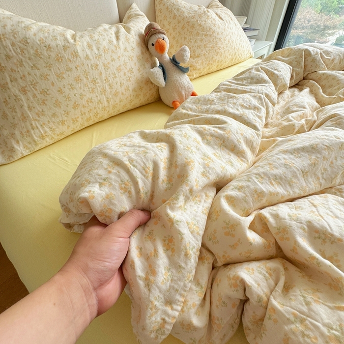 91家纺网 家纺一手货源 找家纺 8+8 2025新款全棉A类母婴级抗菌有氧全棉双层纱亲肤全棉小清新印花三件套四件套 简约款-晴天