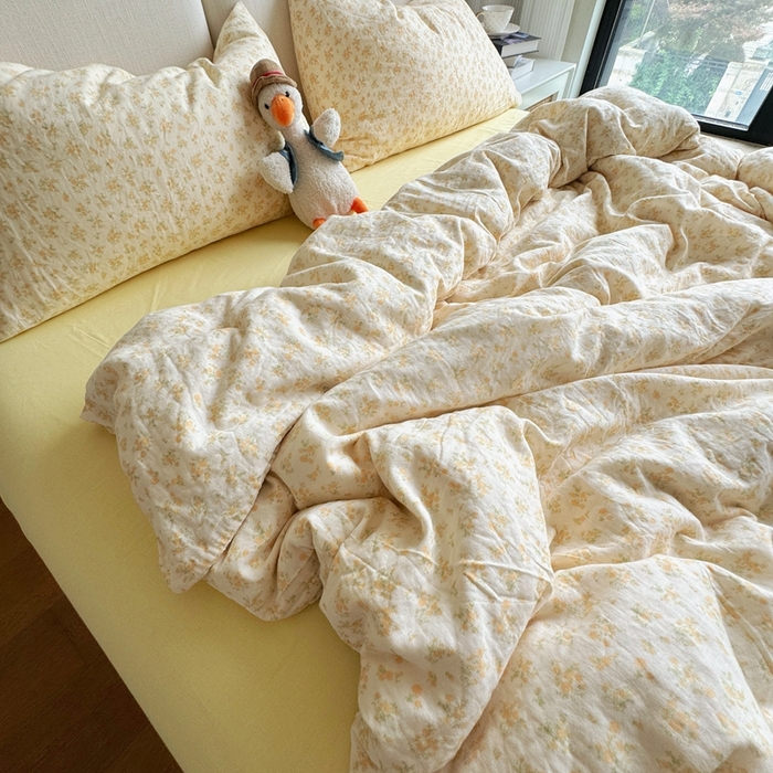 91家纺网 家纺一手货源 找家纺 8+8 2025新款全棉A类母婴级抗菌有氧全棉双层纱亲肤全棉小清新印花三件套四件套 简约款-晴天