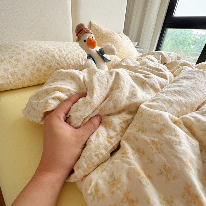 91家纺网 家纺一手货源 找家纺 8+8 2025新款全棉A类母婴级抗菌有氧全棉双层纱亲肤全棉小清新印花三件套四件套 简约款-晴天