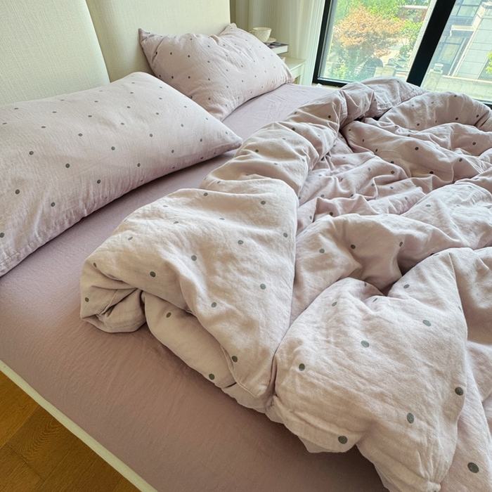 91家纺网 家纺一手货源 找家纺 8+8 2025新款全棉A类母婴级抗菌有氧全棉双层纱亲肤全棉小清新印花三件套四件套 简约款-芋泥波波