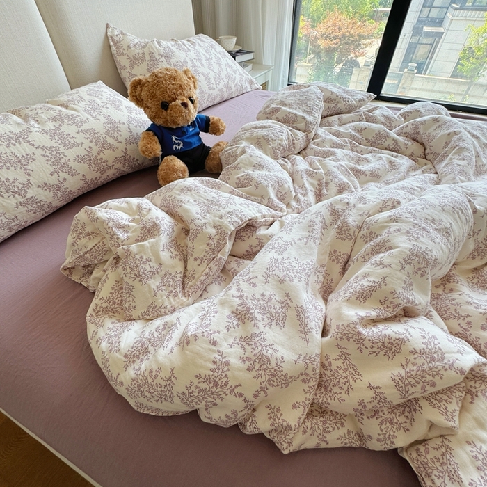 8+8 2025新款全棉A类母婴级抗菌有氧全棉双层纱亲肤全棉小清新印花三件套四件套 简约款-紫萱