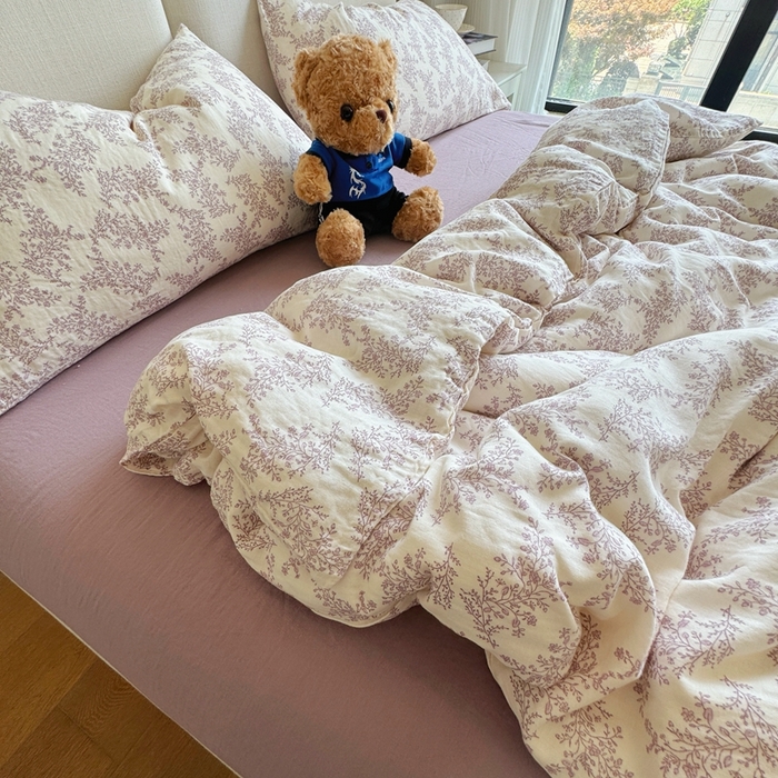 91家纺网 家纺一手货源 找家纺 8+8 2025新款全棉A类母婴级抗菌有氧全棉双层纱亲肤全棉小清新印花三件套四件套 简约款-紫萱