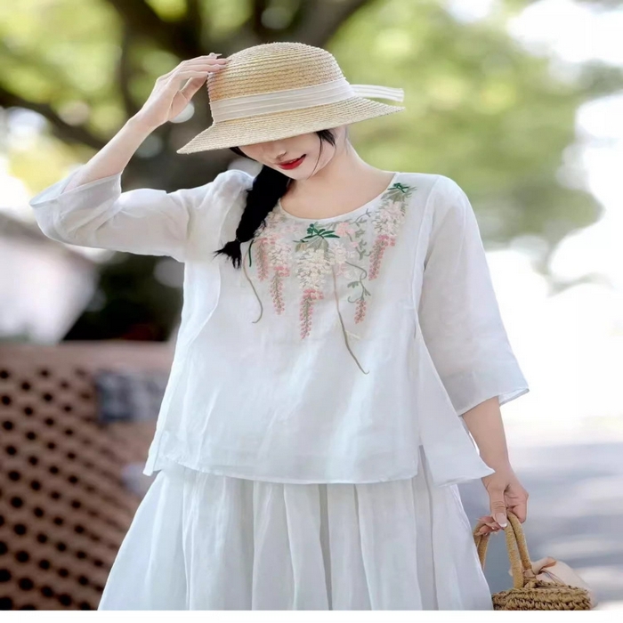 91家纺网 家纺一手货源 找家纺 （总）洛兰沙家居馆【只代发】【只代发】 2025春夏新款刺绣苎麻显瘦立领斜襟盘扣七分袖T恤上衣女