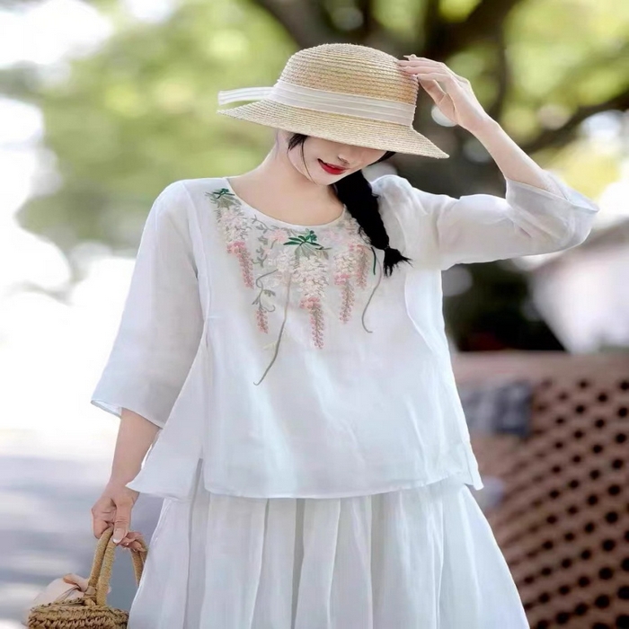 91家纺网 家纺一手货源 找家纺 （总）洛兰沙家居馆【只代发】【只代发】 2025春夏新款刺绣苎麻显瘦立领斜襟盘扣七分袖T恤上衣女