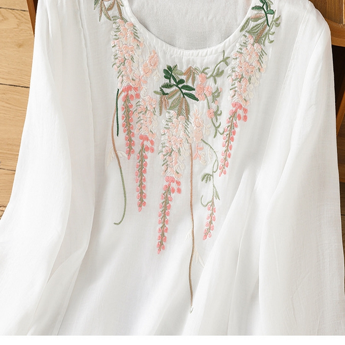 91家纺网 家纺一手货源 找家纺 （总）洛兰沙家居馆【只代发】【只代发】 2025春夏新款刺绣苎麻显瘦立领斜襟盘扣七分袖T恤上衣女