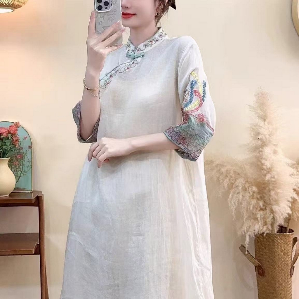 （总）洛兰沙家居馆【只代发】【只代发】 2025春夏新款文艺复古民族风上衣女刺绣花棉麻连衣裙盘扣立领连衣裙女装