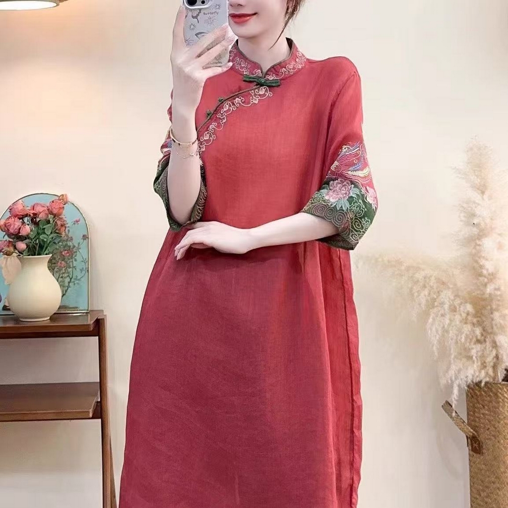 91家纺网 家纺一手货源 找家纺 （总）洛兰沙家居馆【只代发】【只代发】 2025春夏新款文艺复古民族风上衣女刺绣花棉麻连衣裙盘扣立领连衣裙女装