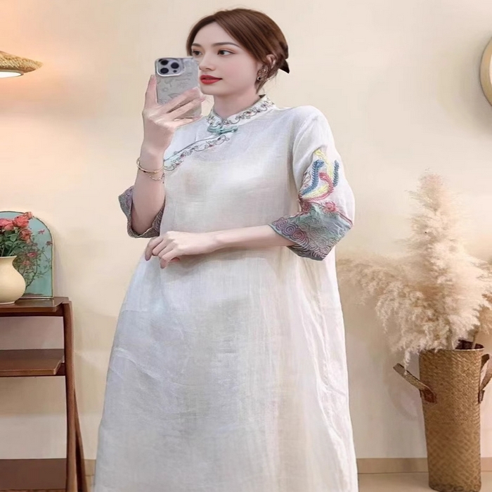 91家纺网 家纺一手货源 找家纺 洛兰沙家居馆【只代发】【只代发】 2025春夏新款文艺复古民族风上衣女刺绣花棉麻连衣裙盘扣立领连衣裙女装 白色