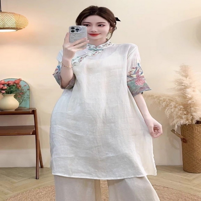 91家纺网 家纺一手货源 找家纺 洛兰沙家居馆【只代发】【只代发】 2025春夏新款文艺复古民族风上衣女刺绣花棉麻连衣裙盘扣立领连衣裙女装 白色