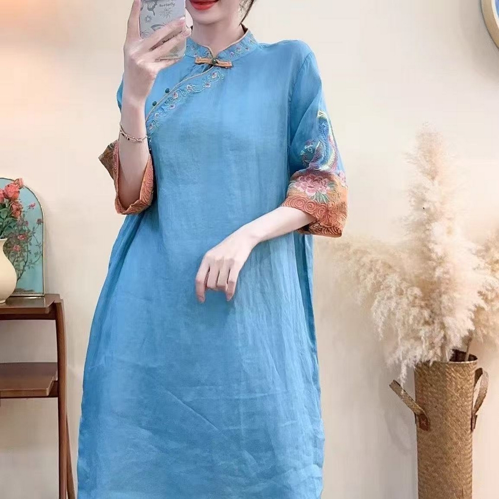 洛兰沙家居馆【只代发】【只代发】 2025春夏新款文艺复古民族风上衣女刺绣花棉麻连衣裙盘扣立领连衣裙女装 蓝色