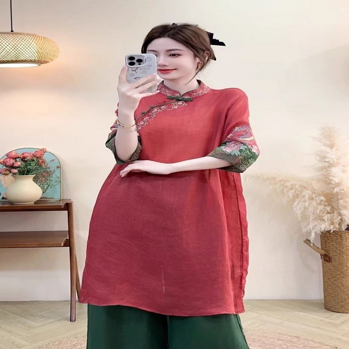 91家纺网 家纺一手货源 找家纺 洛兰沙家居馆【只代发】【只代发】 2025春夏新款文艺复古民族风上衣女刺绣花棉麻连衣裙盘扣立领连衣裙女装 红色