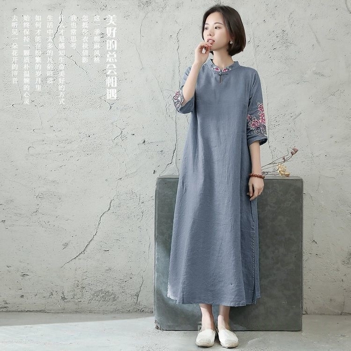 （总）洛兰沙家居馆【只代发】【只代发】 2025新款文艺复古民族风上衣女刺绣花棉麻连衣裙盘扣立领五分袖连衣裙女装