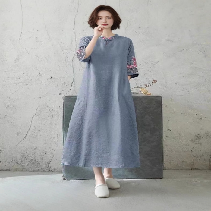 91家纺网 家纺一手货源 找家纺 （总）洛兰沙家居馆【只代发】【只代发】 2025新款文艺复古民族风上衣女刺绣花棉麻连衣裙盘扣立领五分袖连衣裙女装