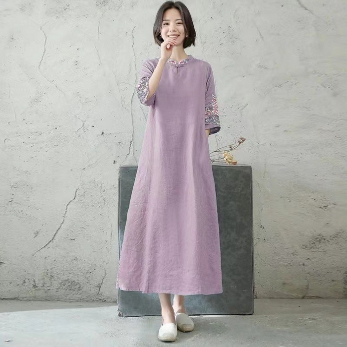 91家纺网 家纺一手货源 找家纺 （总）洛兰沙家居馆【只代发】【只代发】 2025新款文艺复古民族风上衣女刺绣花棉麻连衣裙盘扣立领五分袖连衣裙女装