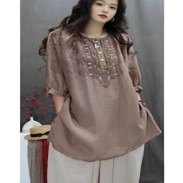 （总）洛兰沙家居馆【只代发】【只代发】 2025夏季新款复古苎麻重工刺绣上衣宽松洋气休闲文艺中长款衬衫