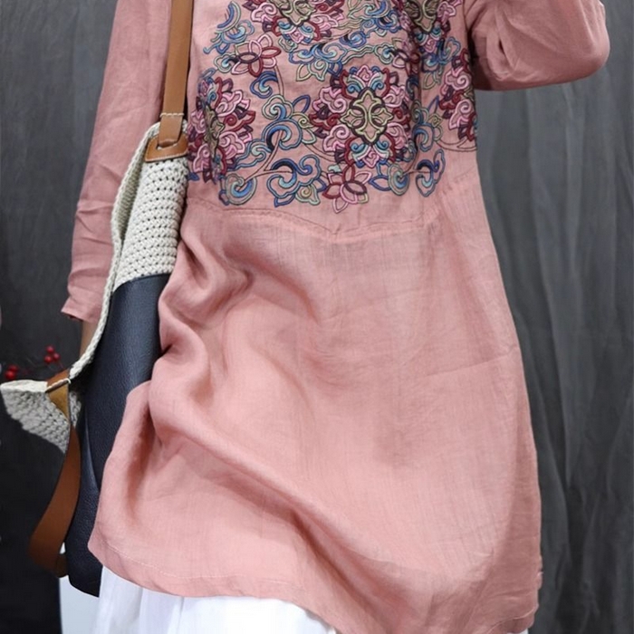 （总）洛兰沙家居馆【只代发】【只代发】 2025夏季新款新中式改良民族风重工刺绣苎麻轻薄显瘦中长款刺绣衬衫女