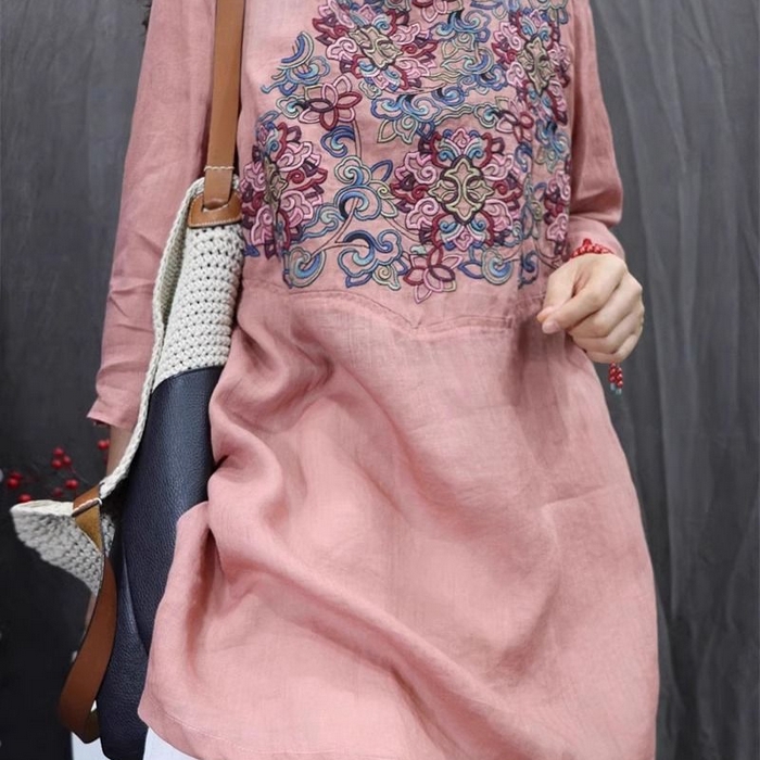 91家纺网 家纺一手货源 找家纺 （总）洛兰沙家居馆【只代发】【只代发】 2025夏季新款新中式改良民族风重工刺绣苎麻轻薄显瘦中长款刺绣衬衫女