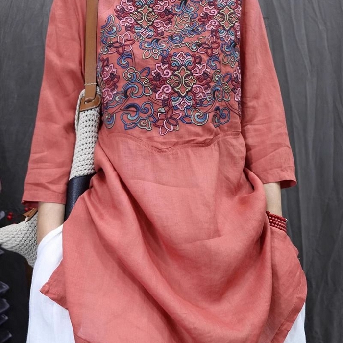 91家纺网 家纺一手货源 找家纺 （总）洛兰沙家居馆【只代发】【只代发】 2025夏季新款新中式改良民族风重工刺绣苎麻轻薄显瘦中长款刺绣衬衫女