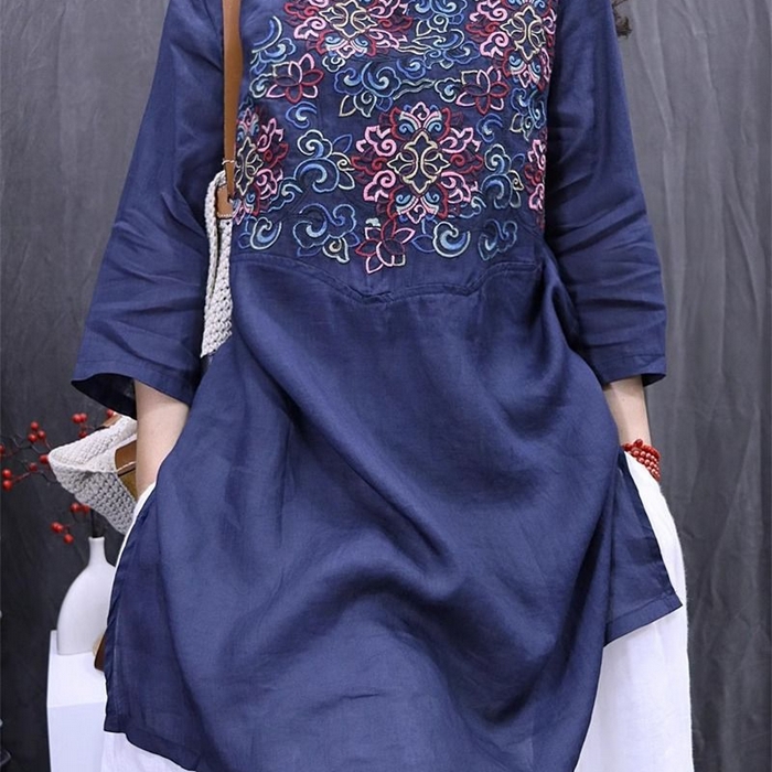 91家纺网 家纺一手货源 找家纺 （总）洛兰沙家居馆【只代发】【只代发】 2025夏季新款新中式改良民族风重工刺绣苎麻轻薄显瘦中长款刺绣衬衫女