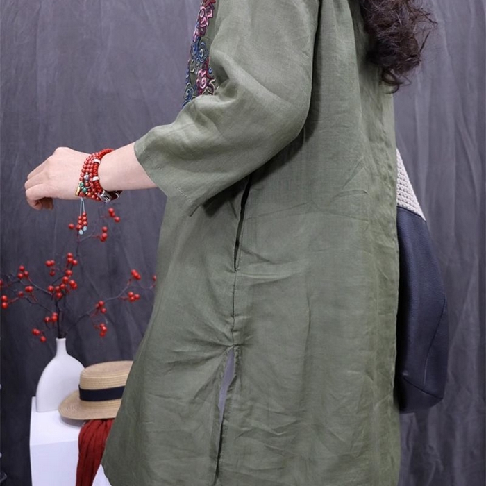 91家纺网 家纺一手货源 找家纺 洛兰沙家居馆【只代发】【只代发】 2025夏季新款新中式改良民族风重工刺绣苎麻轻薄显瘦中长款刺绣衬衫女 绿色