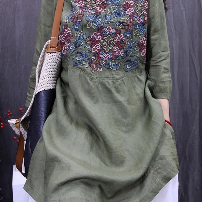 91家纺网 家纺一手货源 找家纺 洛兰沙家居馆【只代发】【只代发】 2025夏季新款新中式改良民族风重工刺绣苎麻轻薄显瘦中长款刺绣衬衫女 绿色