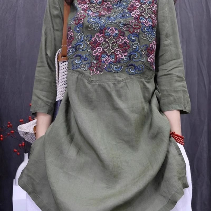 91家纺网 家纺一手货源 找家纺 洛兰沙家居馆【只代发】【只代发】 2025夏季新款新中式改良民族风重工刺绣苎麻轻薄显瘦中长款刺绣衬衫女 绿色