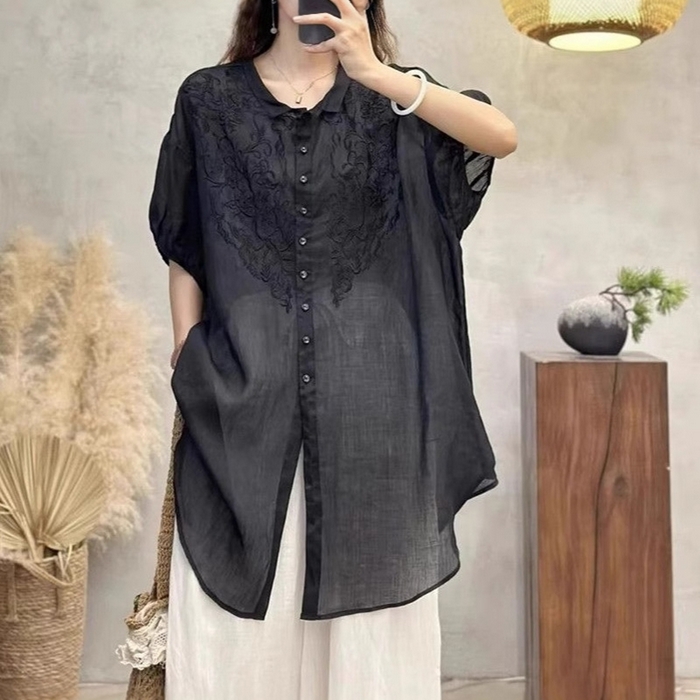 （总）洛兰沙家居馆【只代发】【只代发】 2025新款刺绣棉麻短袖衬衫女2025夏季中长款宽松显瘦休闲薄款上衣女