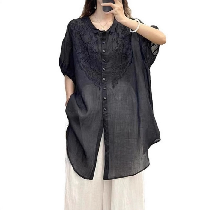 91家纺网 家纺一手货源 找家纺 （总）洛兰沙家居馆【只代发】【只代发】 2025新款刺绣棉麻短袖衬衫女2025夏季中长款宽松显瘦休闲薄款上衣女