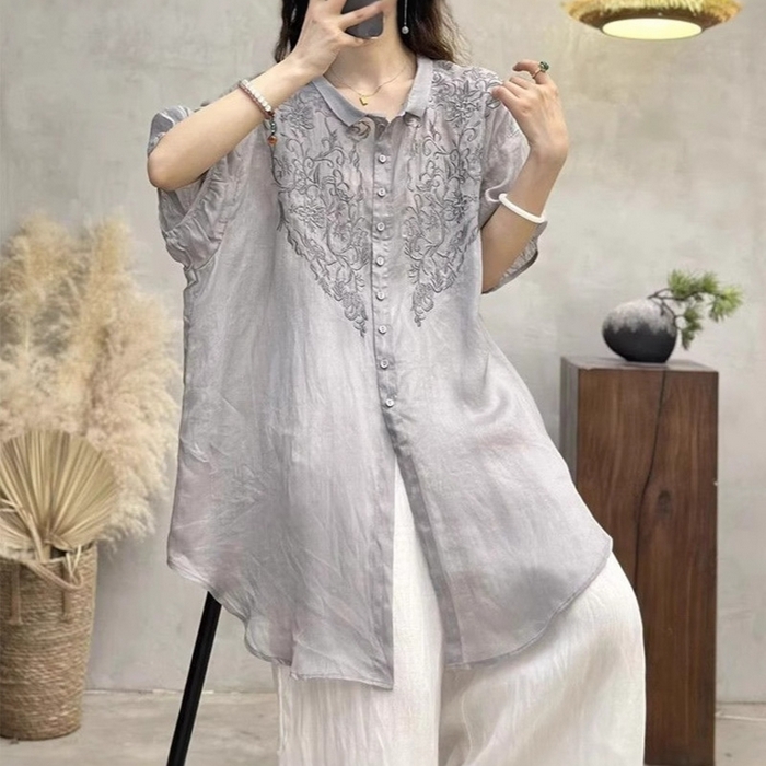 91家纺网 家纺一手货源 找家纺 （总）洛兰沙家居馆【只代发】【只代发】 2025新款刺绣棉麻短袖衬衫女2025夏季中长款宽松显瘦休闲薄款上衣女