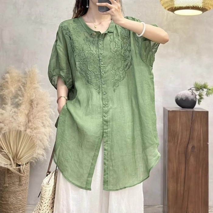 91家纺网 家纺一手货源 找家纺 （总）洛兰沙家居馆【只代发】【只代发】 2025新款刺绣棉麻短袖衬衫女2025夏季中长款宽松显瘦休闲薄款上衣女